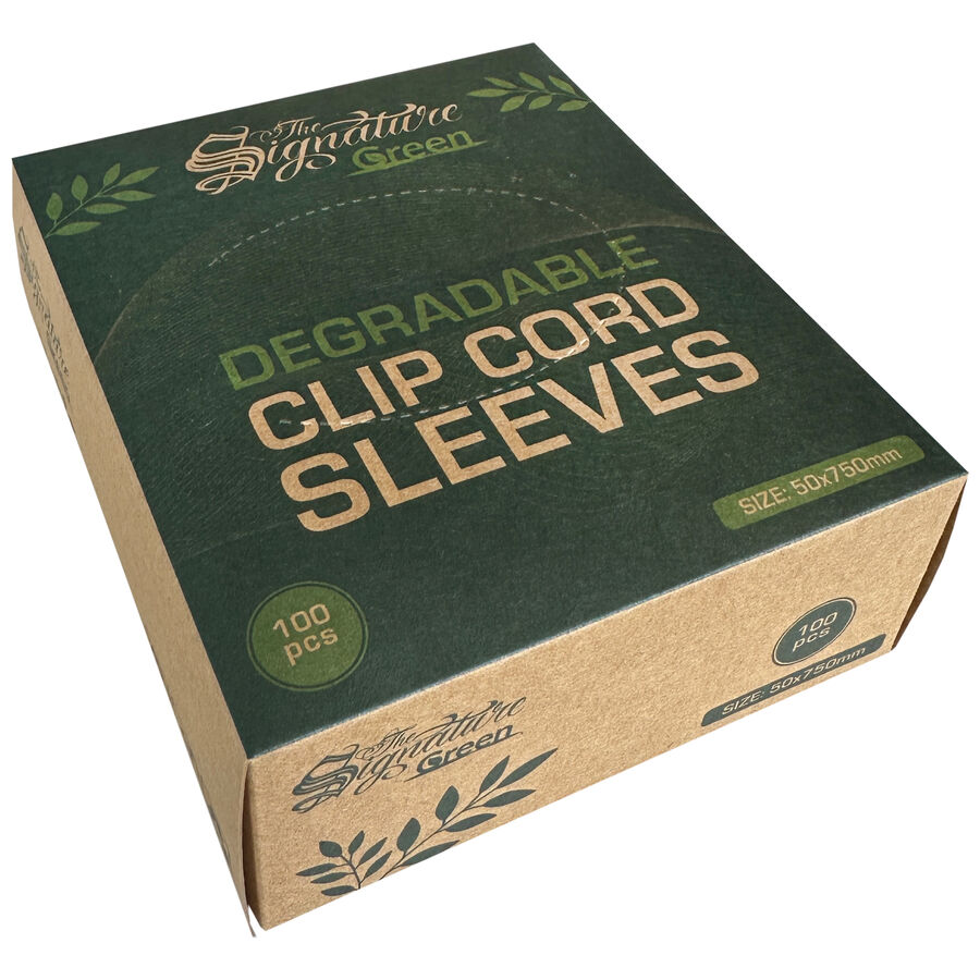 Scatola marrone con custodie clipcord biodegradabili, scritta verde