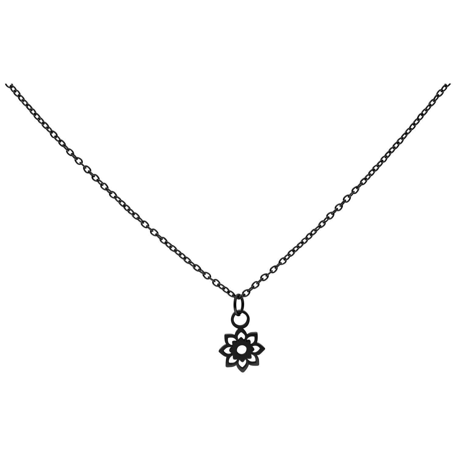 Schwarze Little Sunflower Kette aus Chirurgenstahl Schwarze Kette mit Sonnenblumenanhänger aus Chirurgenstahl auf weißem Hintergrund