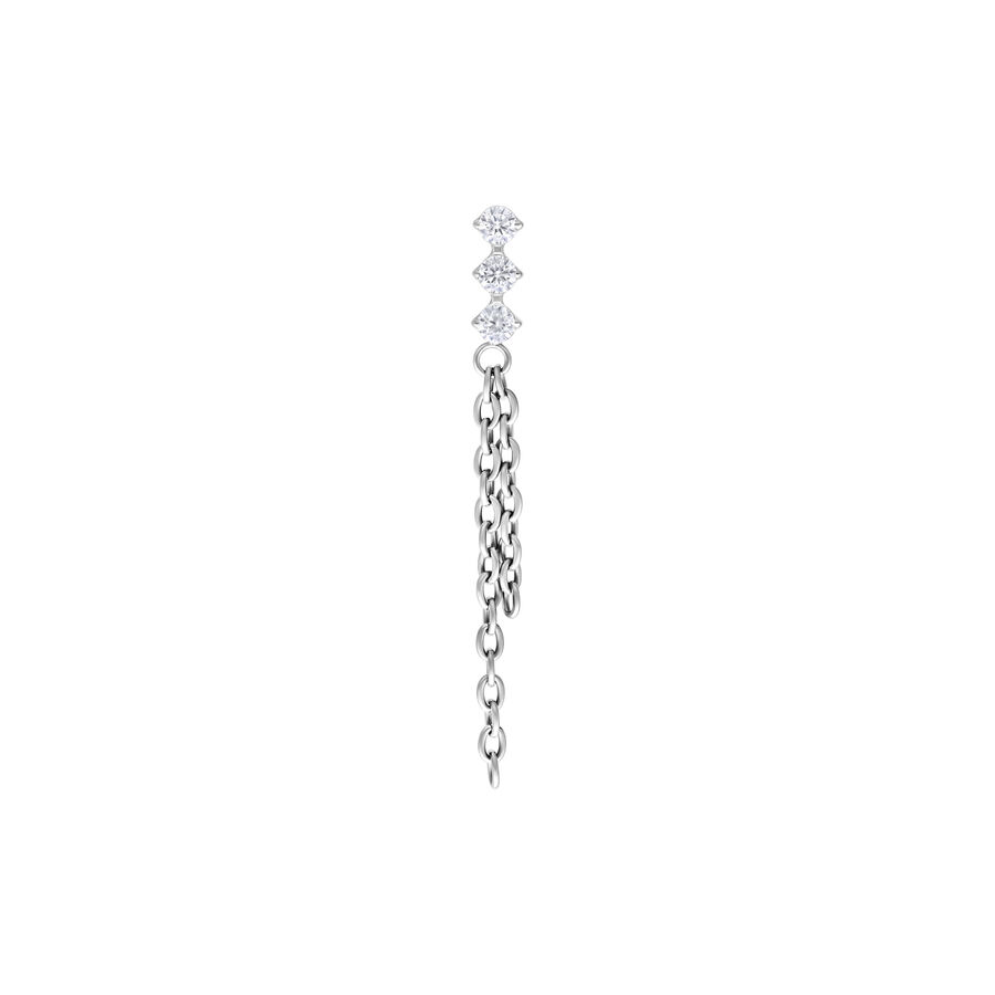 Accessorio piercing argento con tre cristalli chiari e catene pendenti su sfondo bianco