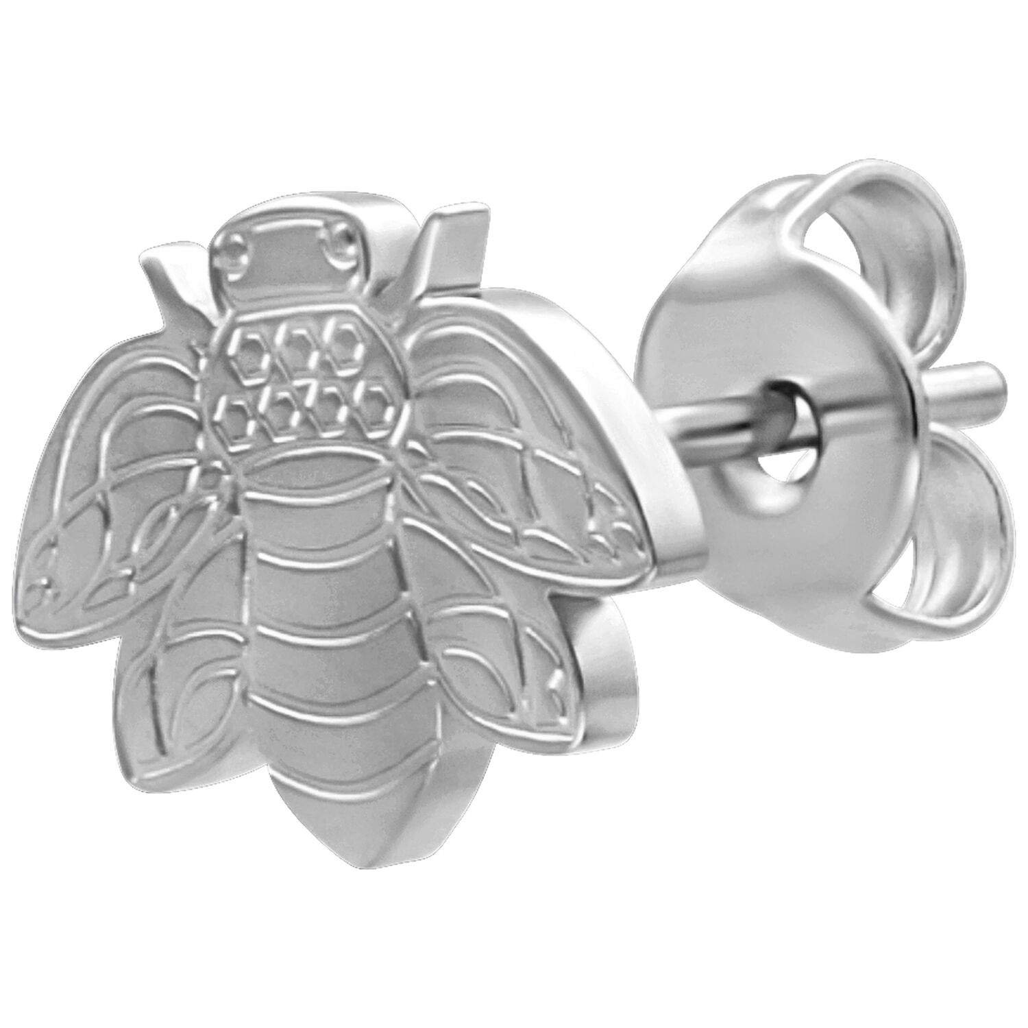 Silberne Bienen-Ohrstecker aus Edelstahl Silberner Ohrstecker in Form einer Biene auf weißem Hintergrund