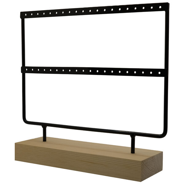 Espositore nero per orecchini con base in legno su sfondo bianco