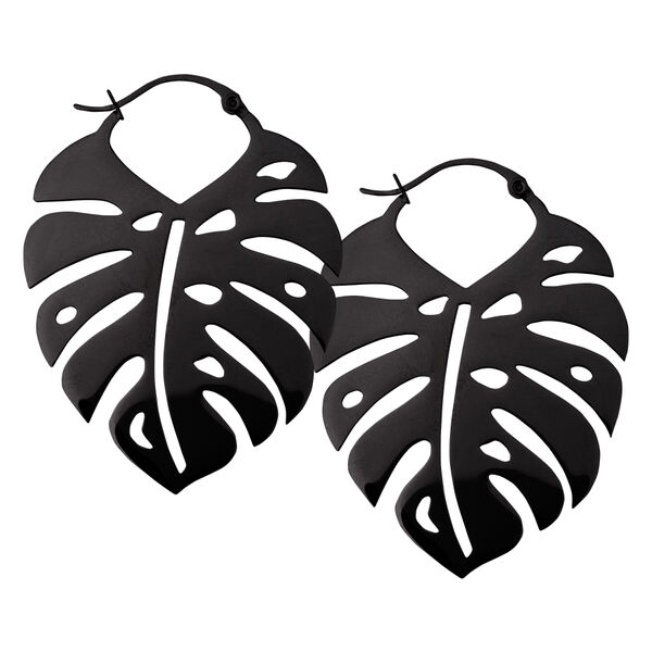 Dos pendientes de Monstera negros de acero quirúrgico sobre fondo blanco
