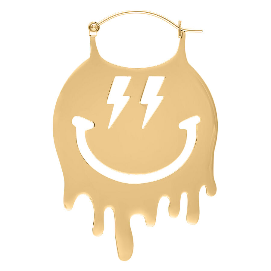 Aro grande dorado con diseño de carita feliz y relámpagos sobre fondo blanco