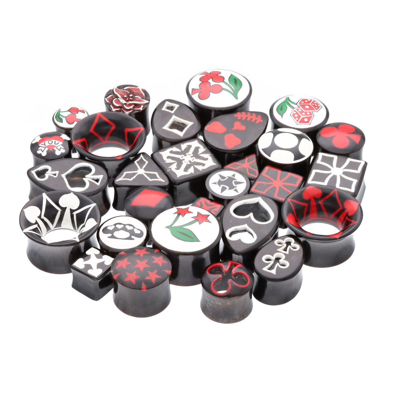Rotes Organisches Piercing Set aus Holz Verschiedene organische Piercings aus Holz mit roten und weißen Mustern auf weißem Hintergrund
