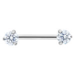 Barbell per capezzolo argento con due cristalli chiari su sfondo bianco