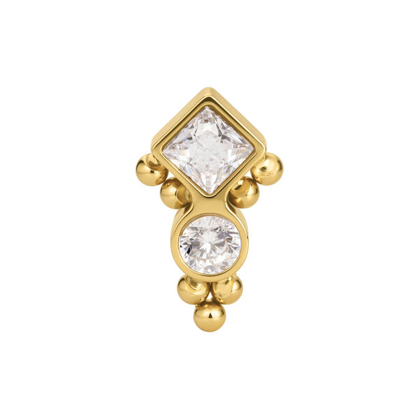 Accesorio de piercing dorado con cristal cuadrado y redondo claro sobre fondo blanco
