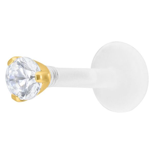 Piercing labret dorado con piedra cristalina de 2,5 mm sobre fondo blanco