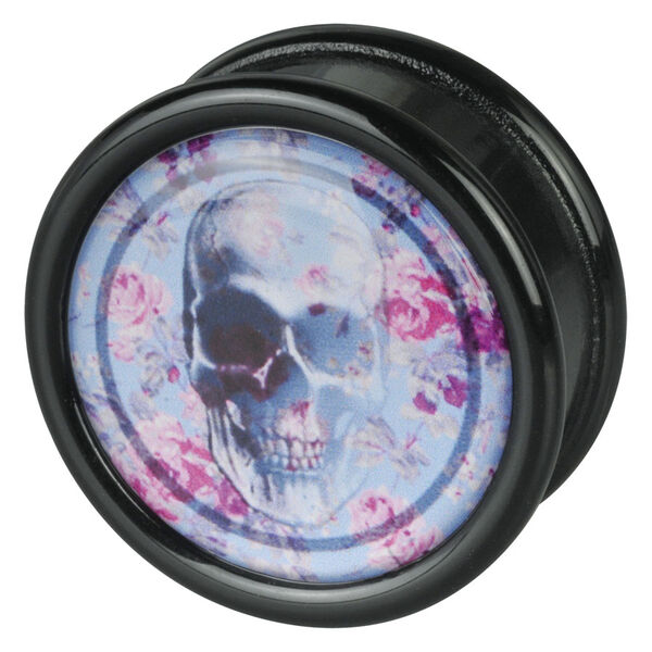 Runder Plug aus PMMA mit Totenkopf und rosa Blumen auf blauem Hintergrund