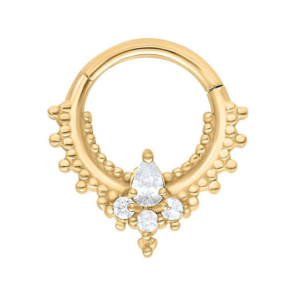Aro de piercing dorado con cristales sobre fondo blanco