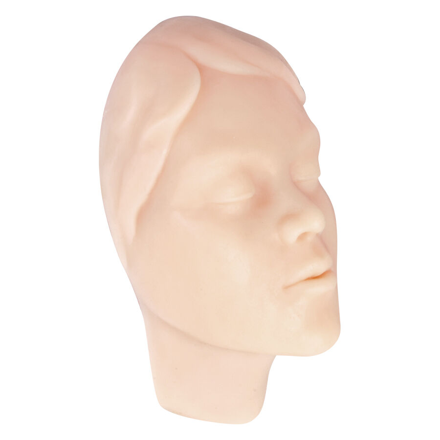 Modello in silicone beige di un volto femminile per esercitazioni di tatuaggio, in posizione laterale