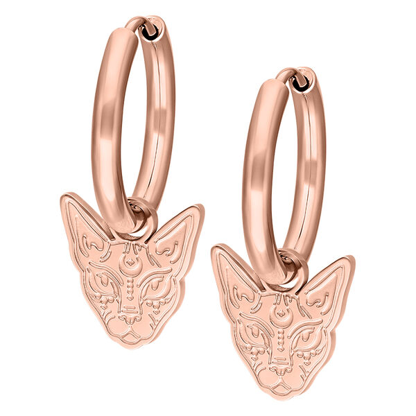 Orecchini in oro rosa con ciondolo a sfinge su sfondo bianco