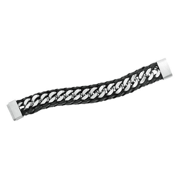 Pulsera de cuero negro con elementos de cadena de acero inoxidable plateado sobre fondo blanco
