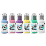 Sei bottiglie di World Famous Ink in blu, rosa, viola, giallo, verde e bianco su sfondo bianco