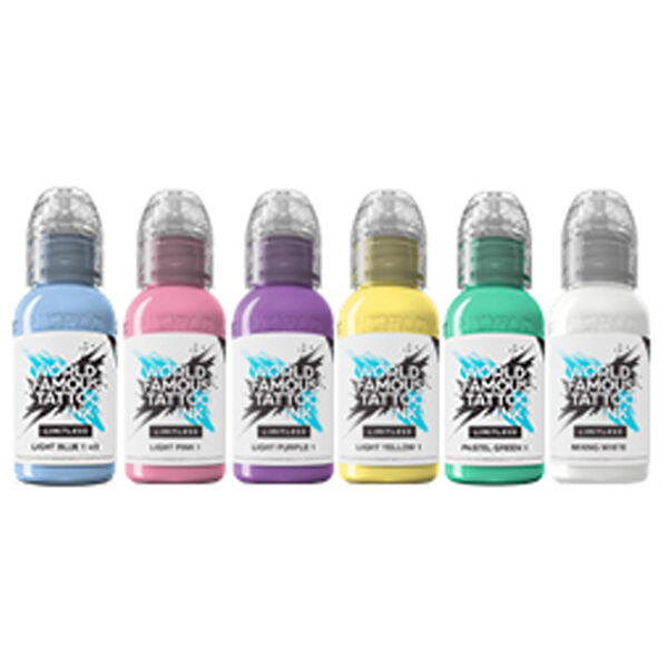 Sei bottiglie di World Famous Ink in blu, rosa, viola, giallo, verde e bianco su sfondo bianco