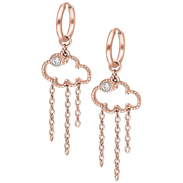 Orecchini in oro rosa a forma di nuvola con catene e pietra su sfondo bianco