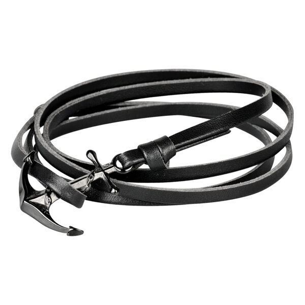 Pulsera de cuero negro con ancla de acero quirúrgico sobre fondo blanco