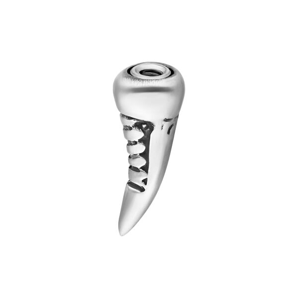 Accesorio de piercing bio-mecánico plateado con diseño en espiral sobre fondo blanco