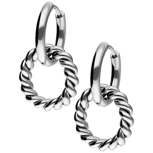 Orecchini in acciaio inossidabile argento con design a cerchio ritorto su sfondo bianco