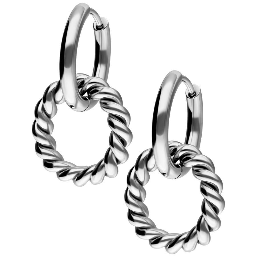 Orecchini in acciaio inossidabile argento con design a cerchio ritorto su sfondo bianco