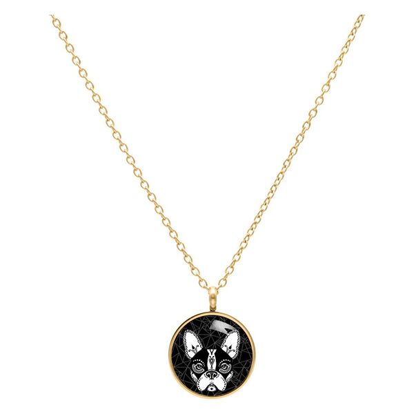 Goldene Kette mit rundem Bulldog-Anhänger auf weißem Hintergrund