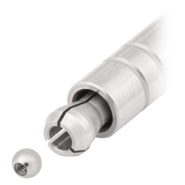 Porta sfere in acciaio inox con sfera su sfondo bianco