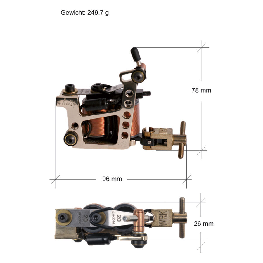 Macchina per tatuaggi Bronze Gun II in ottone con bobina in rame su sfondo bianco