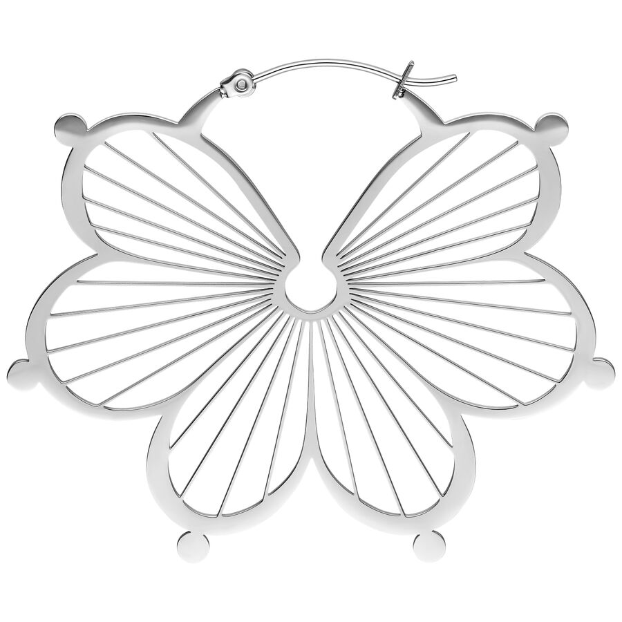 Hopeiset Flower Hoops -korvakorut kiiltävästä kirurginteräksestä valkoisella taustalla