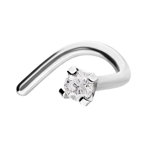 Piercing de nariz plateado con cristal transparente sobre fondo blanco