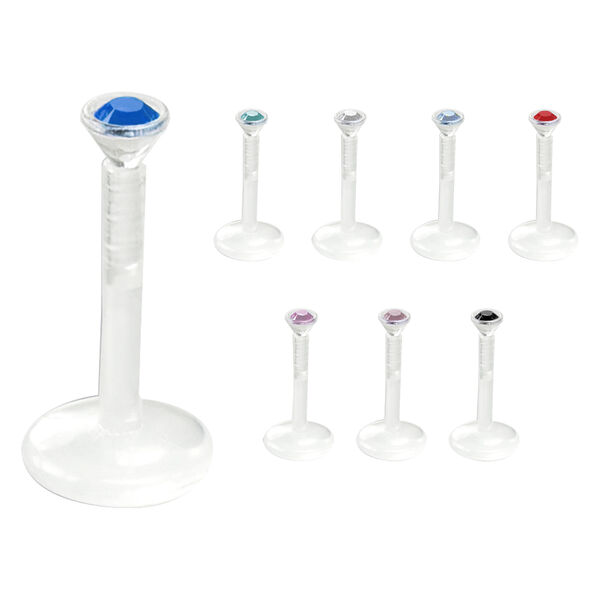 Labret transparente con cristales de colores sobre fondo blanco