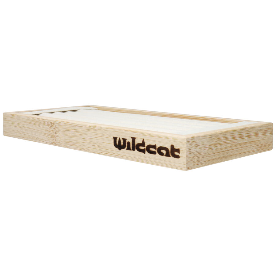 Expositor de anillos negro rectangular de madera con logo de Wildcat