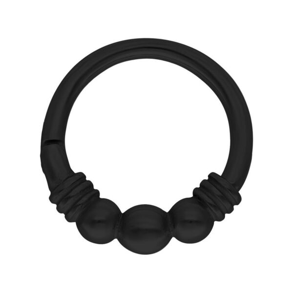Anillo Clicker de metal negro con diseño de bola sobre fondo blanco