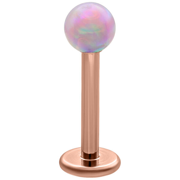 Rosa synteettinen opal ball micro labret ruusukultaisella titaanitangolla valkoisella taustalla