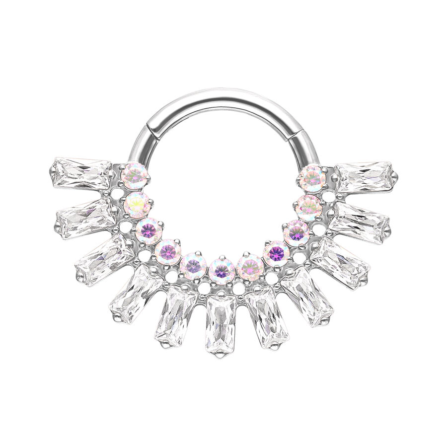 Clicker de Septum plateado con cristales en colores claros y brillantes sobre fondo blanco