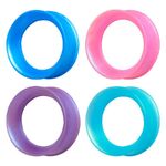 Neljä Kaos Softwear -silikonitunnelia sinisenä, pinkkinä, lilana ja turkoosina valkoisella taustalla