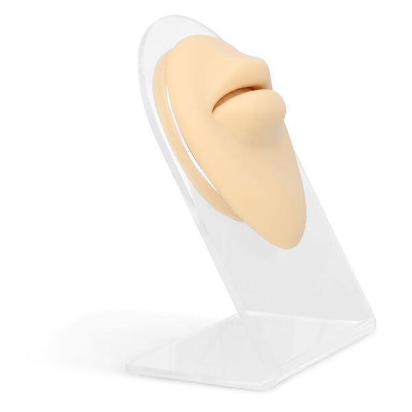 Modello in silicone beige a forma di bocca su supporto trasparente