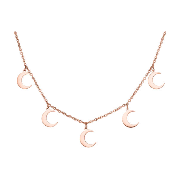 Collana con cinque piccoli ciondoli a forma di luna in oro rosa su sfondo bianco