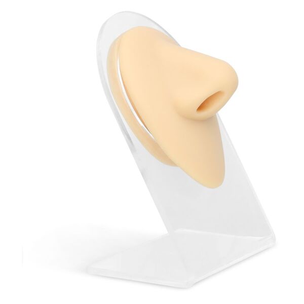 Espositore beige per piercing al naso in silicone su base trasparente