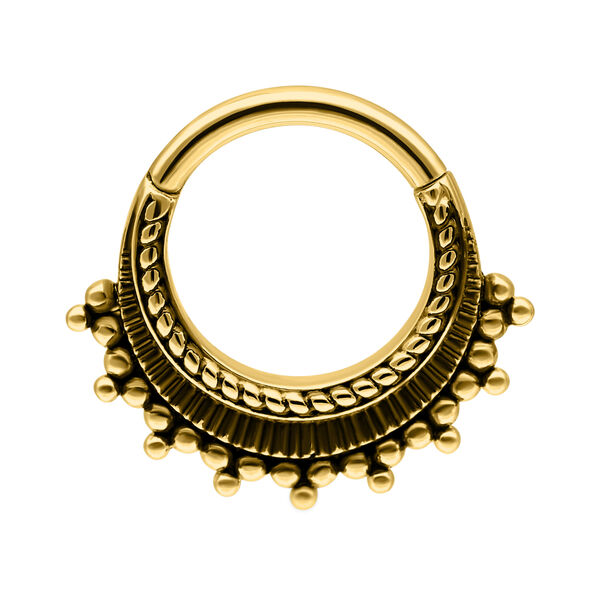 Anillo de piercing dorado con bolas decorativas sobre fondo blanco