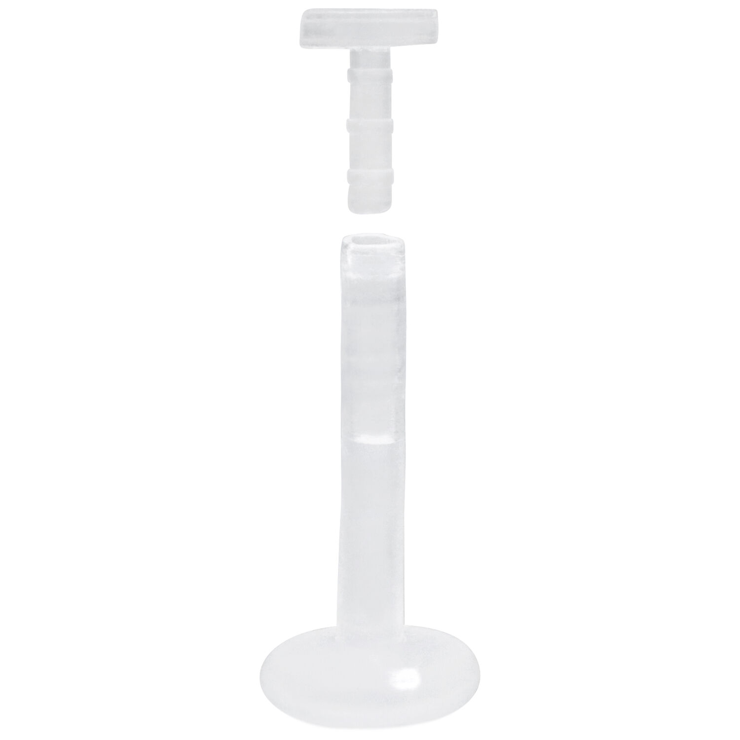 Transparenter Push-Fit Labret Stab für Piercings Transparenter Labret Stab aus Bioplast mit Push-Fit Gewinde auf weißem Hintergrund
