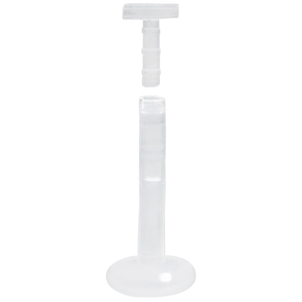 Barra Labret transparente de Bioplast con rosca Push-Fit sobre fondo blanco