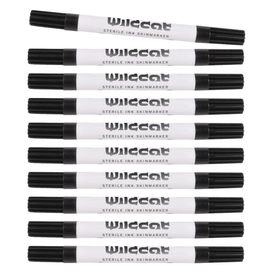 Steriler Piercing Skinmarker von Wildcat Schwarzer Skinmarker mit weißem Körper, Wildcat-Logo, auf weißem Hintergrund