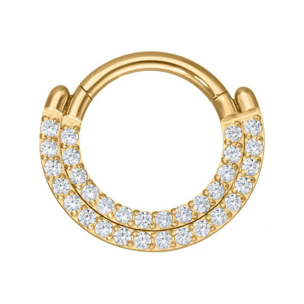 Aro de piercing dorado con dos filas de cristales claros sobre fondo blanco