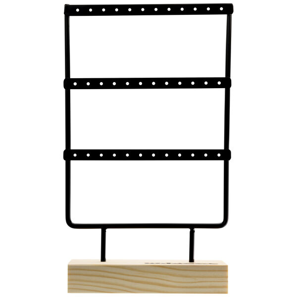 Display in metallo nero con base in legno per orecchini, autoportante