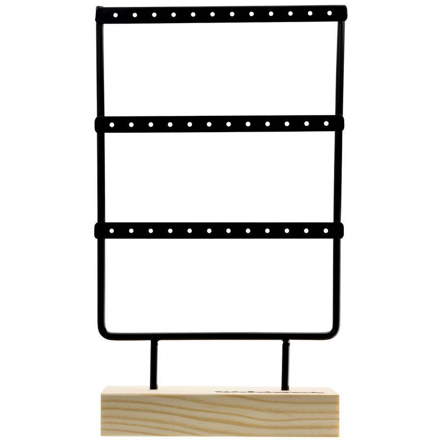 Schwarzes Metall-Display mit Holzsockel für Ohrringe, freistehend