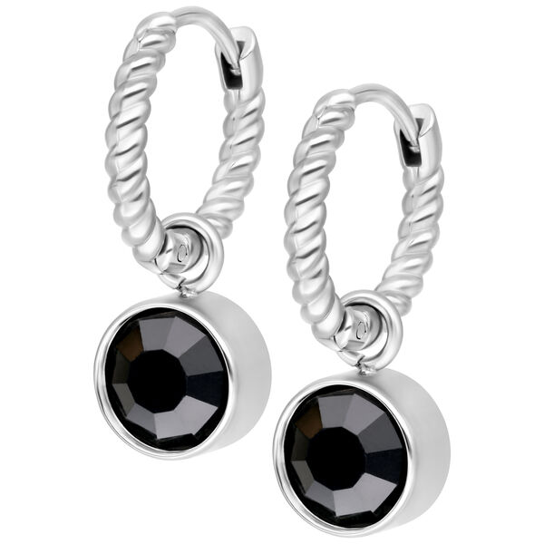 Little Twisted Hoops plateados con cristales negros sobre fondo blanco