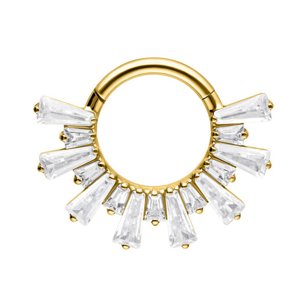 Clicker de septum dorado con cristales brillantes sobre fondo blanco