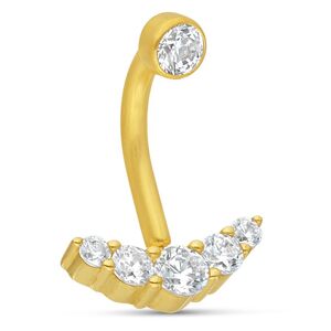 18K Gold Microbananabell mit 5 Kristallen Goldenes Microbananabell mit fünf klaren Kristallen auf weißem Hintergrund