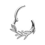 Clicker piercing argento a forma di ramo d'olivo su sfondo bianco