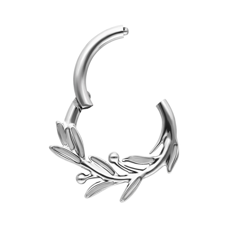 Clicker piercing argento a forma di ramo d'olivo su sfondo bianco