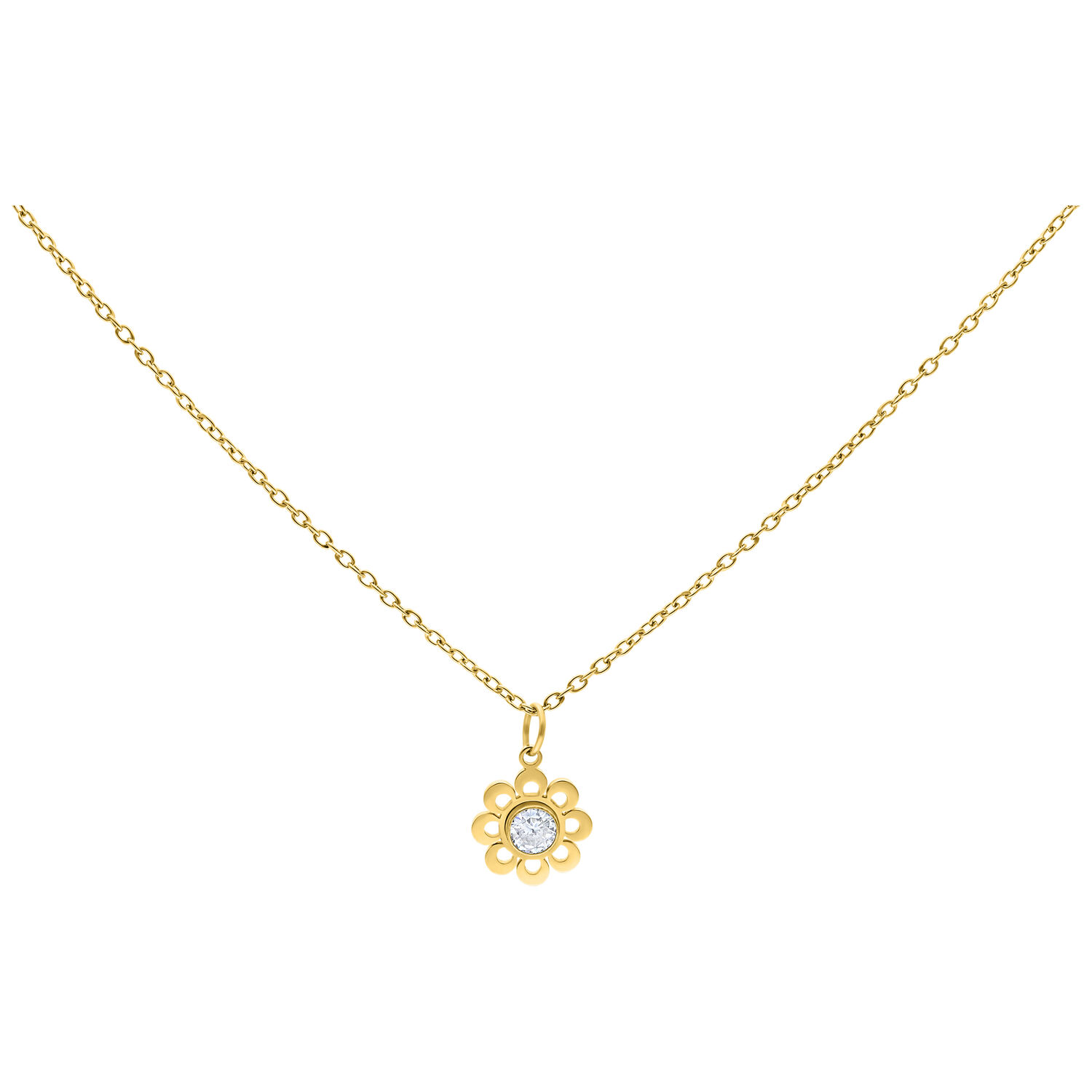 Goldene Kette mit blumenförmigem Kristallanhänger auf weißem Hintergrund